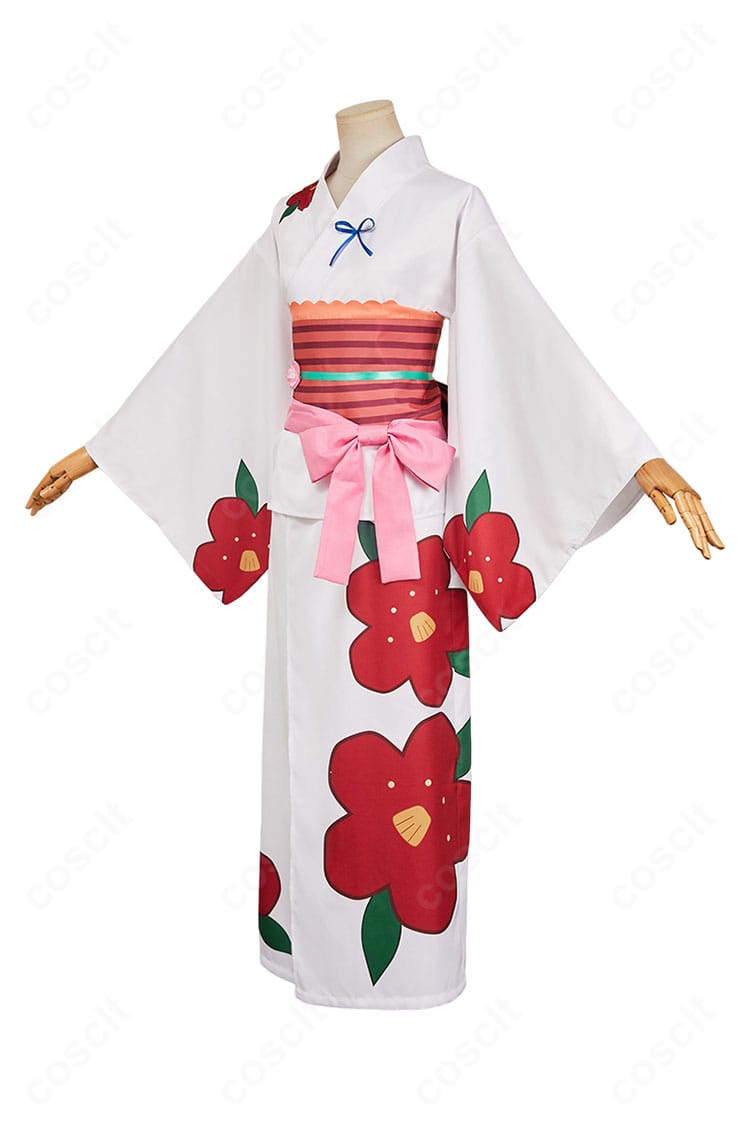 地縛少年花子くん 八尋寧々 浴衣コスプレ 左側面。袖とウエストラインのシルエット、サイドの柄配置を確認できる画像