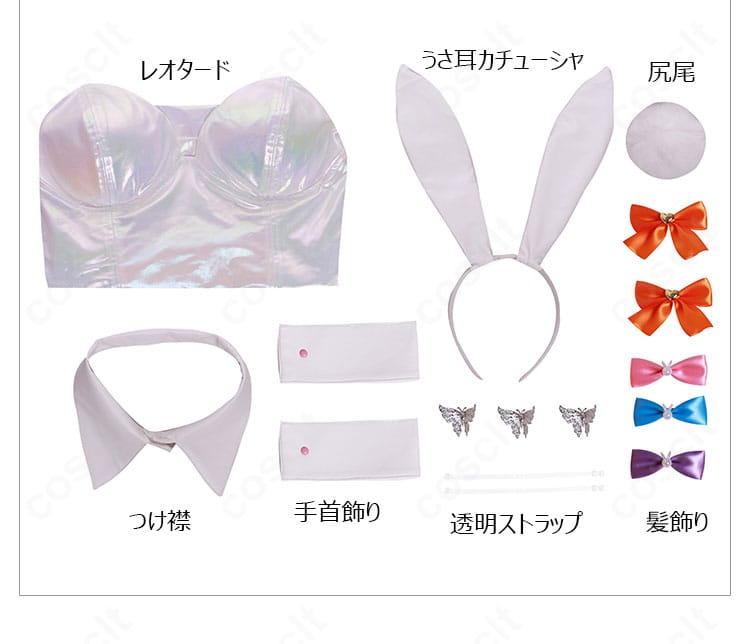 セット内容一覧。レオタード、つけ襟、うさ耳、手首飾り、尻尾、髪飾り、透明ストラップが揃う。