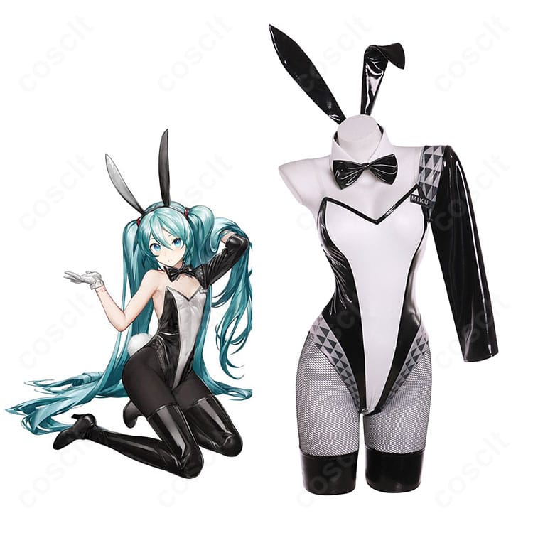 初音ミク バニーVer.の全身コスプレ一式。うさ耳・蝶ネクタイ・尻尾を含む高再現の全体像。
