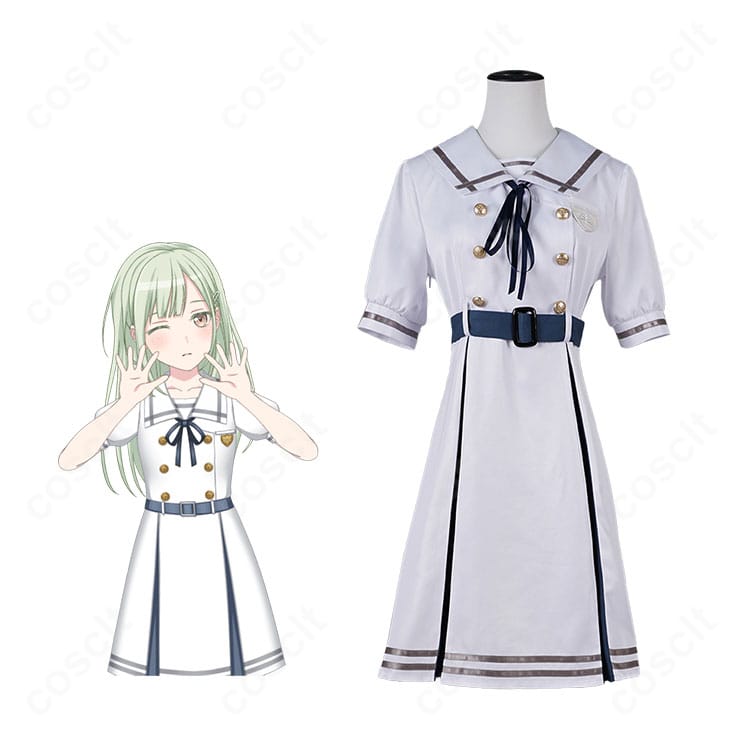 バンドリ！若葉睦の月ノ森女子学園 夏服コスプレ衣装一式。キャラクターと制服デザインの組み合わせが分かる詳細写真。