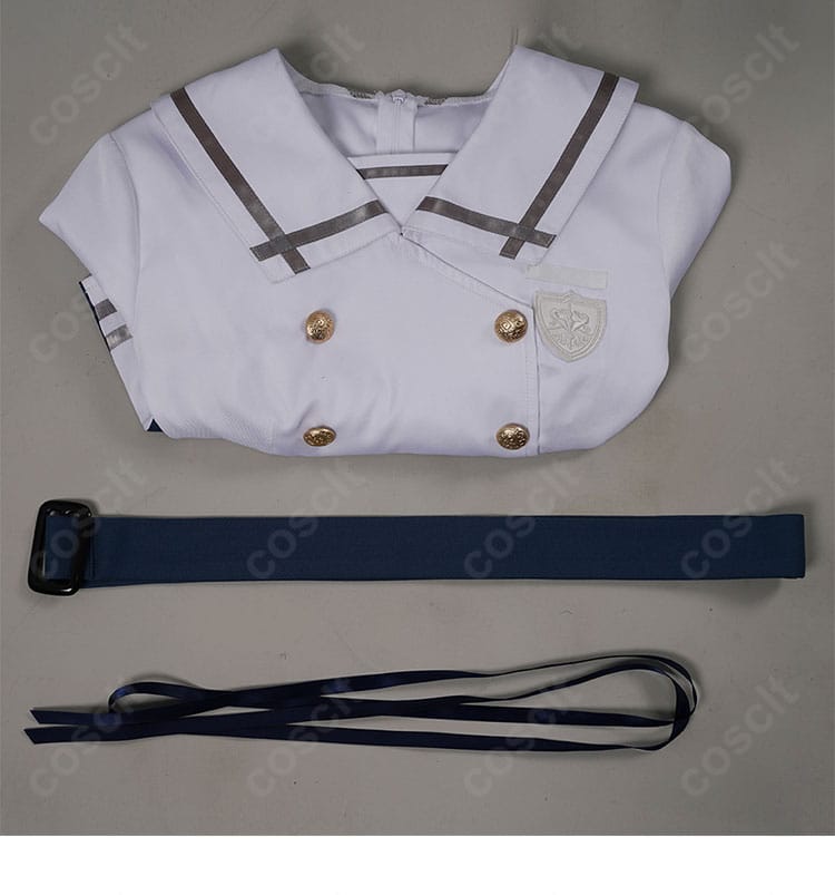 バンドリ！若葉睦 コスプレ衣装のセット内容。ワンピース、ベルト、リボンの3点が並んだ確認用画像。