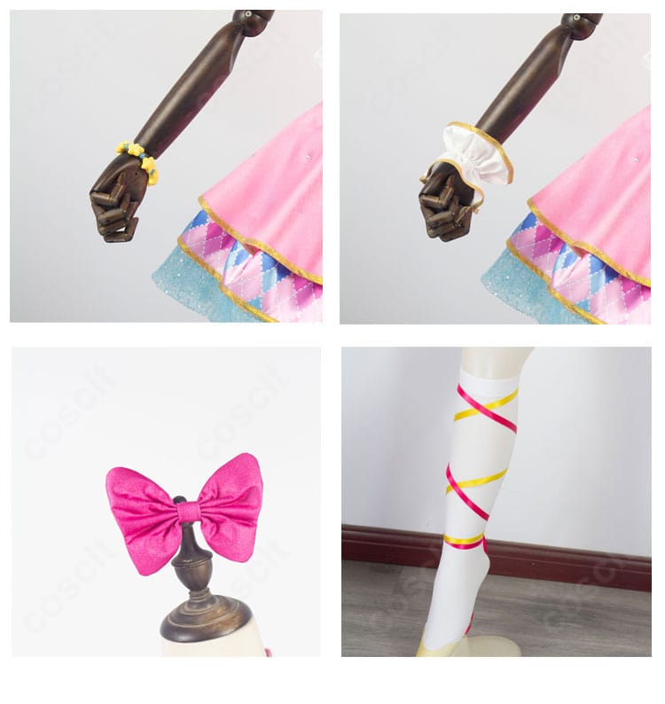 虹野ゆめ ピンクスターコーデの腕飾り・蝶結び・脚飾りの拡大。アクセントパーツの形状と仕上がりが分かる画像。