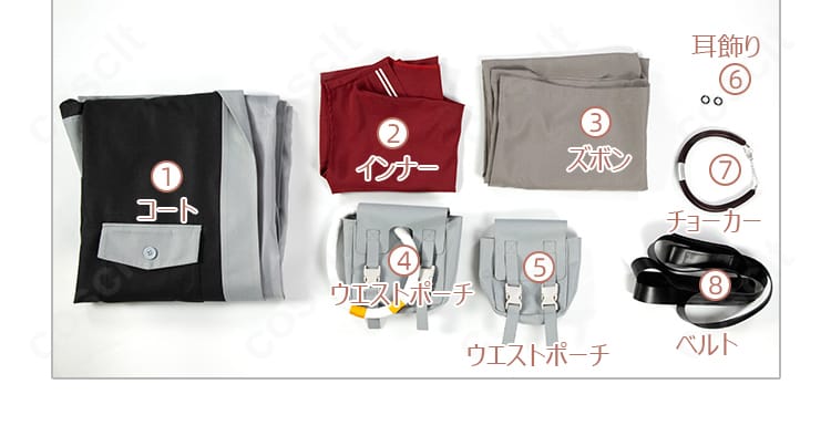 ガチアクタ エンジン コスプレ衣装セット内容一式。コート、インナー、ズボン、小物のレイアウト