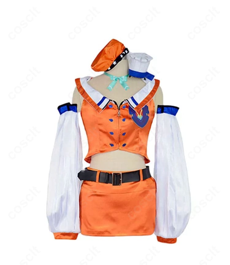 ホロライブ 小鳥遊キアラ 初期衣装コスプレの正面全体写真。胸元の飾りと配色バランスを高忠実度で再現。