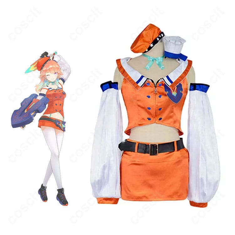 ホロライブ 小鳥遊キアラ 初期衣装コスプレの全身イメージ。帽子からスカートまで一式着用例を正面から紹介。