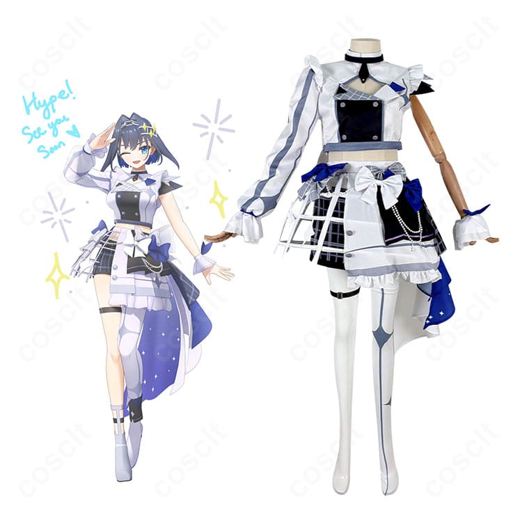 オーロ・クロニーのブライト衣装コスプレ一式とキャラクターイメージのコラージュ。高発色と蝶結びなどの再現ポイントが一目で分かる画像。