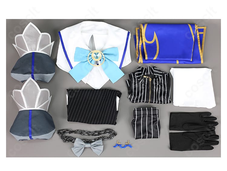 オーロ・クロニー 初期衣装コスプレのセット内容一式（トップス、スカート、インナー、マント、袖、耳飾り、手袋、髪飾り）の平置き画像