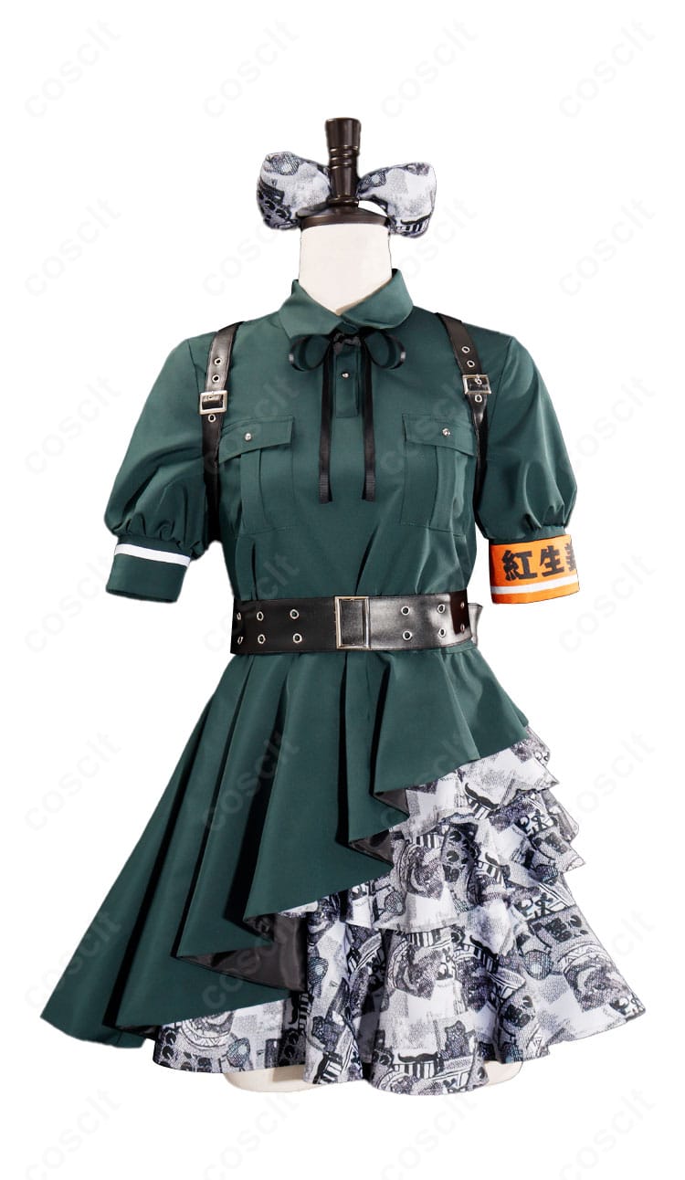 海老塚智 コスプレ衣装の正面全体。トップスとスカートのシルエット、リボン位置が分かるカット。