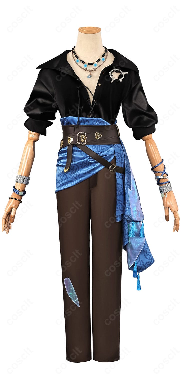 正面から見た淀みない理性コスプレ衣装。直線的シルエットと胸元・襟の造形を強調。