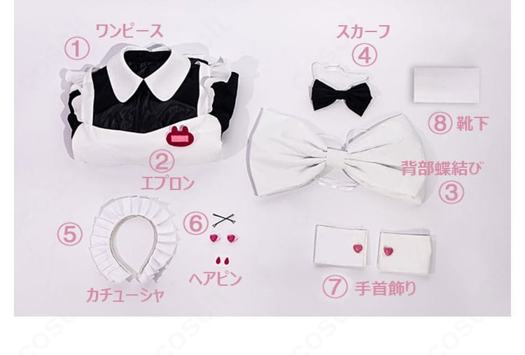 セット内容一式（ワンピース、エプロン、カチューシャ、ヘアピン、背部蝶結び、スカーフ、手首飾り、靴下）。届いてすぐフルコーデ可能。