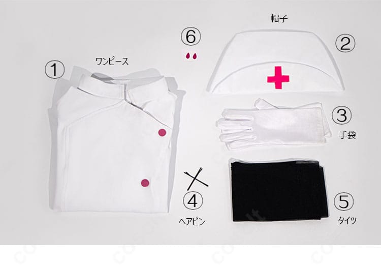 初音ミク ラビットホール コスプレ衣装のセット内容。ワンピース、帽子、手袋、ヘアピン、タイツを並べて紹介する画像。