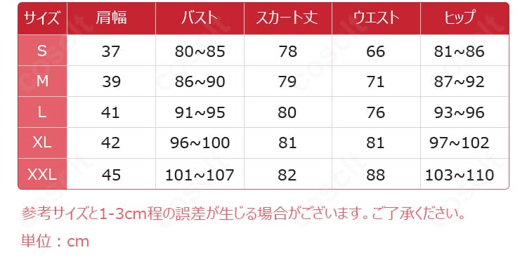 初音ミク ラビットホール ナース服のサイズ表。S〜XXLまでの寸法を確認でき、適切なサイズ選びを支援する画像。