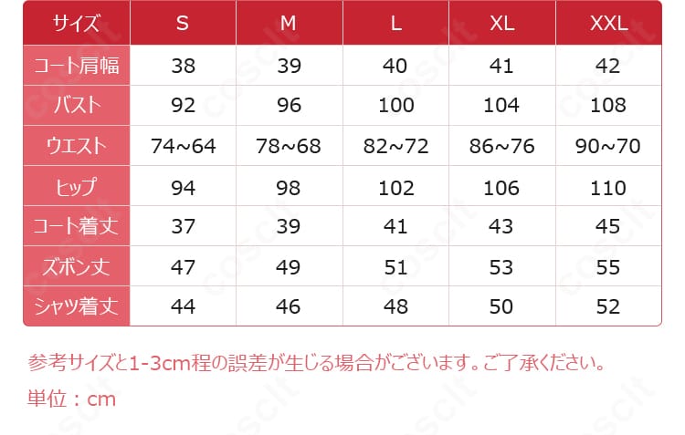 サイズガイド画像。S〜XLとオーダーメイド対応の採寸ポイントを示す図。
