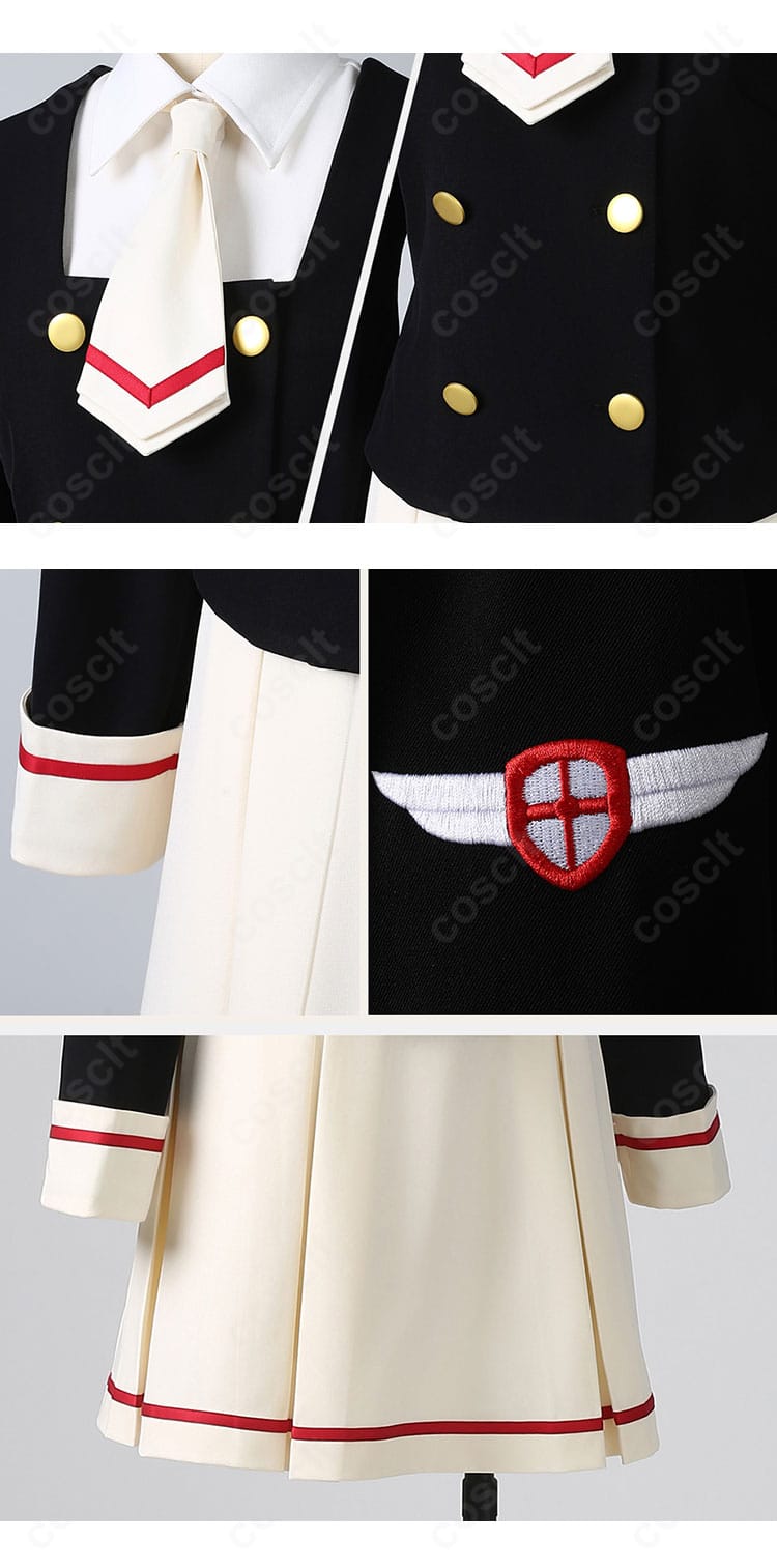 ネクタイ・袖口・校章風エンブレムのクローズアップ。装飾の質感と縫製ディテールが分かるディテール写真。