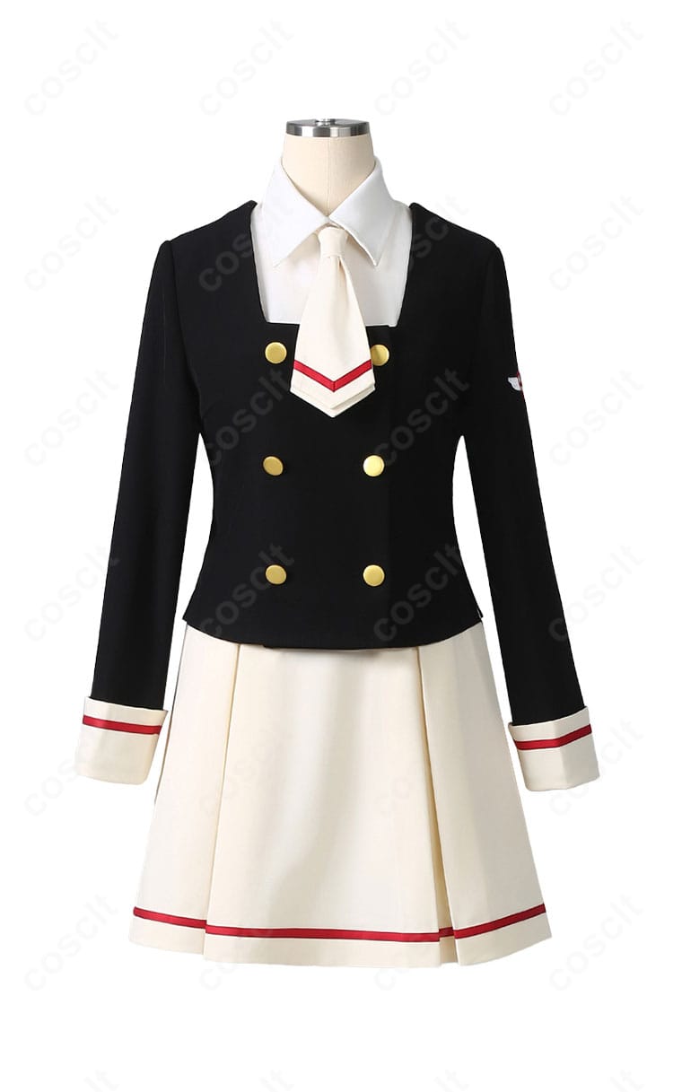 木之本桜 友枝中学校制服コスプレ衣装の正面全身。トップス、スカート、ネクタイのシルエットと丈感が分かります。