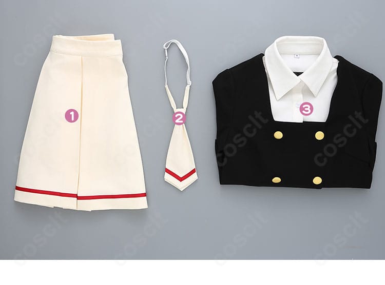 セット内容の一覧写真。トップス・スカート・ネクタイの3点構成が一目で分かります。