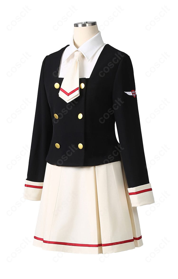 木之本桜 友枝中学校女子生徒制服の側面。プリーツの落ち感とトップスのフィット感、ネクタイ位置を確認可能。