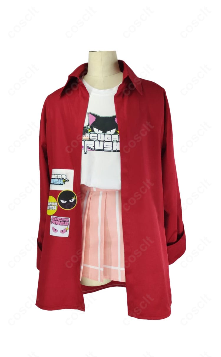 正面から見たブルーアーカイブ 伊原木ヨシミのコスプレ衣装。落ち着いた色味と美シルエットを強調。