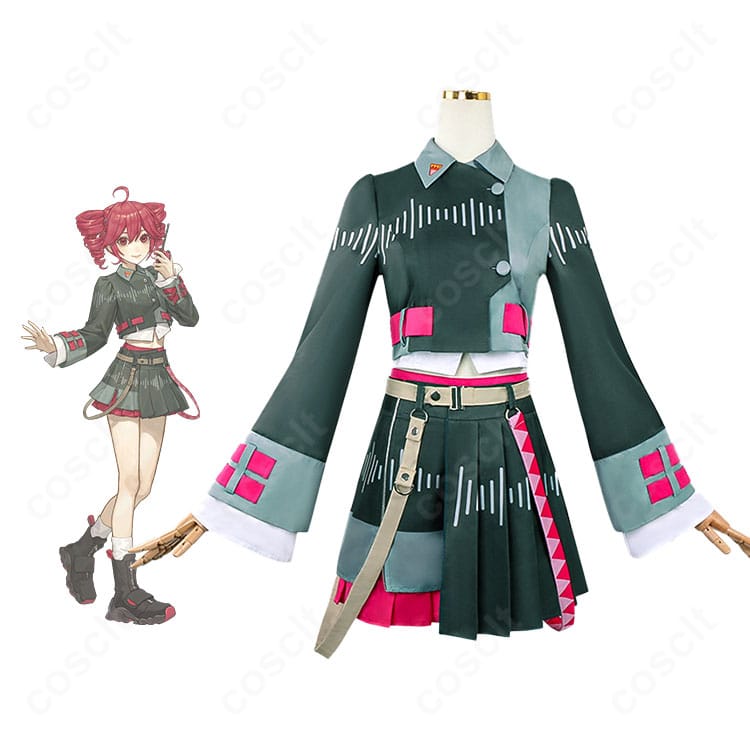 正面全体と重音テト VOICEPEAK版のコスプレ一式を配置した写真。高再現のシルエットと装飾がわかる構図。