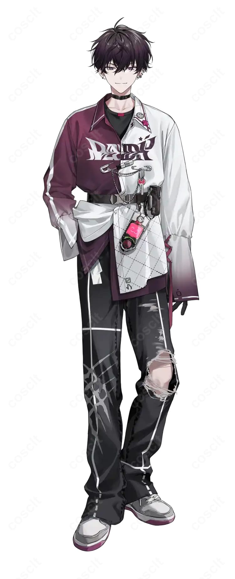 にじさんじ 佐伯イッテツのデフォルト衣装コスプレ一式。シャツとインナー、ベルトやチョーカー、手袋・ポーチの小物までをクールに再現した全身イメージ