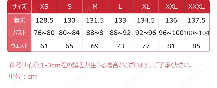 トリスビアス コスプレ衣装のサイズガイド表記と採寸ポイントの説明