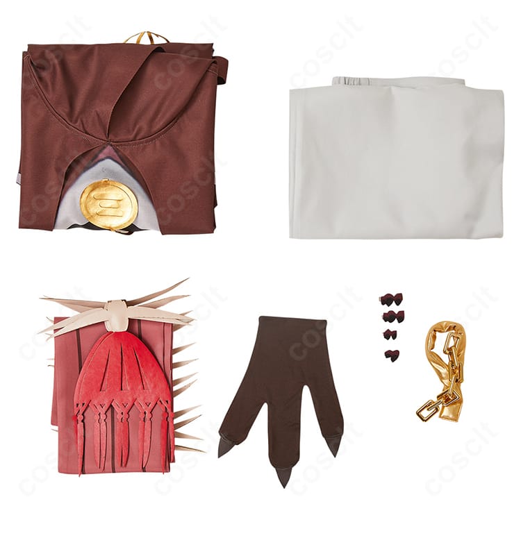 地縛少年花子くん 三葉惣助 コスプレ衣装のセット内容一覧。トップス・ズボン・手袋・マフラー・足首飾り・髪飾りを配置。