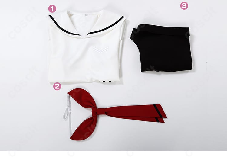 李小狼 夏服・学園制服コスプレのセット内容一式。トップス、ショートパンツ、ネクタイの3点セットを並べて紹介。