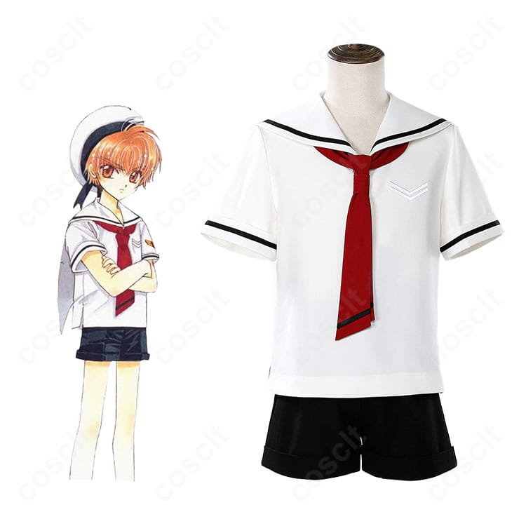 カードキャプターさくら 李小狼の夏服制服コスプレ一式とキャラクターシーンの比較。高再現の配色と端正なシルエットが分かる構図。