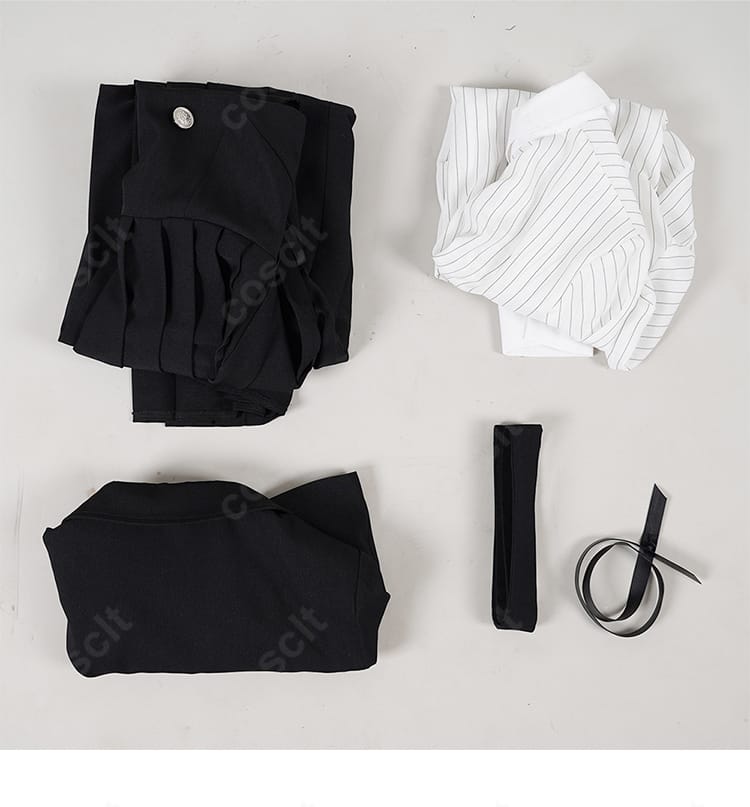 白矢環（シロ）コスプレ衣装のセット内容一覧。コート、ワンピース、シャツ、リボン、ベルトの構成が一目で分かる画像。