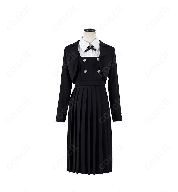 正面からの白矢環（シロ）コスプレ衣装。コートとワンピースのバランス、リボンとベルト位置が分かるフロントビュー。