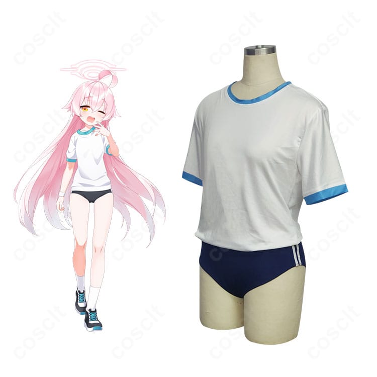 ブルーアーカイブ 小鳥遊ホシノの体操服コスプレ衣装・全身イメージ。トップスとショートパンツのセット、再現された胸元ロゴ刺繍が見える構図。