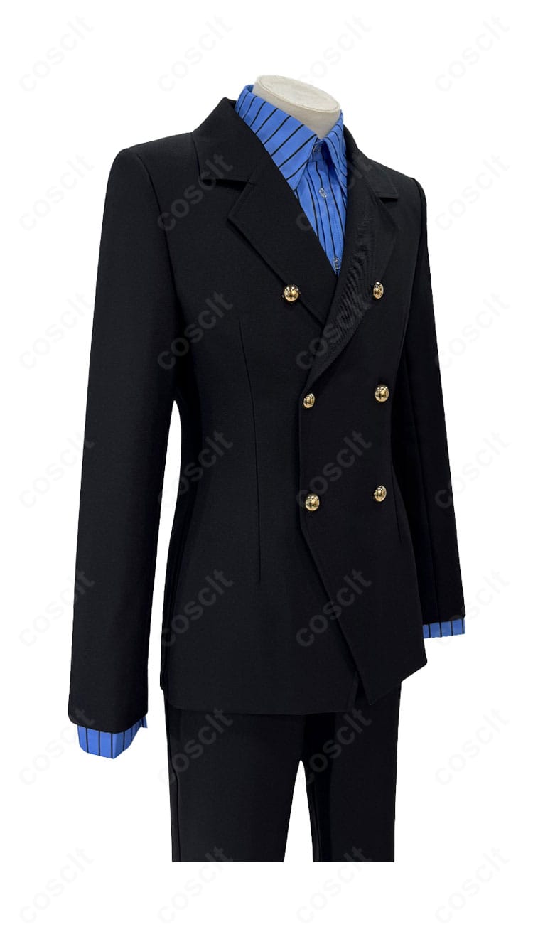 サンジ コスプレ衣装の右側面ビュー。コートの落ち感と腰位置のラインを確認