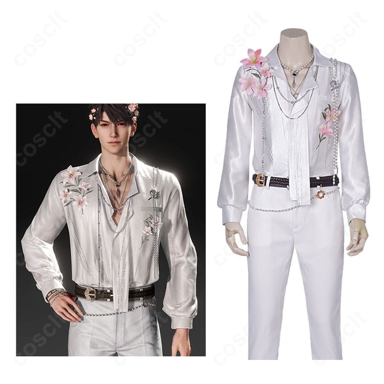 恋と深空 マヒル「想い乗せて浮く花」コスプレ衣装の正面全体とキャラクター比較。シャツとチェーン装飾、端正なシルエットの再現度が分かる画像