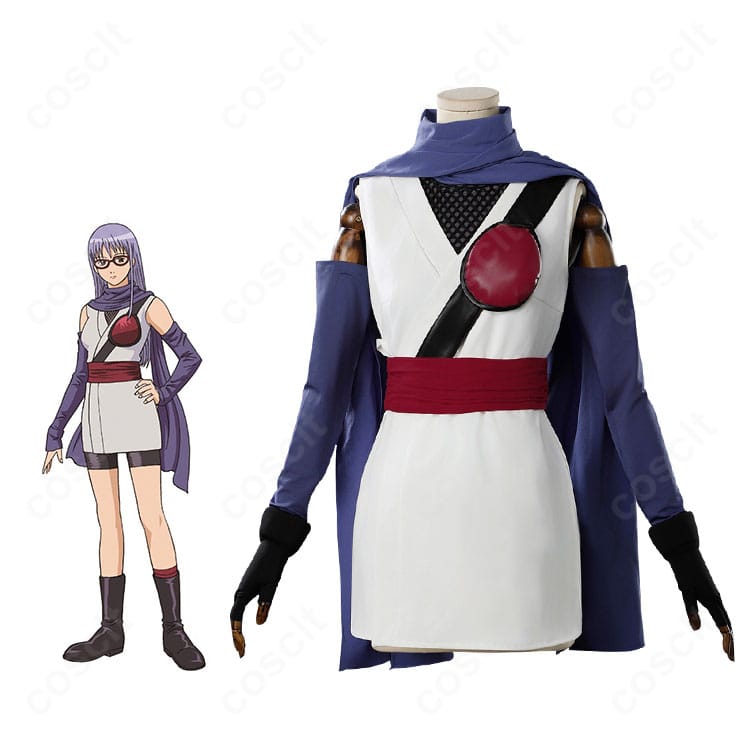 銀魂 猿飛あやめのコスプレ衣装とキャラクター正面。刺繍入りマフラーとコルセットベルトまで高再現の全身コーデ。