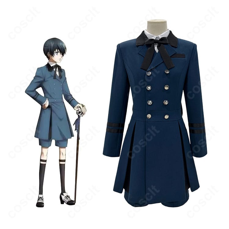 商品正面とシエル・ファントムハイヴのビジュアルを並置した黒執事II 通常衣装セットの全体イメージ