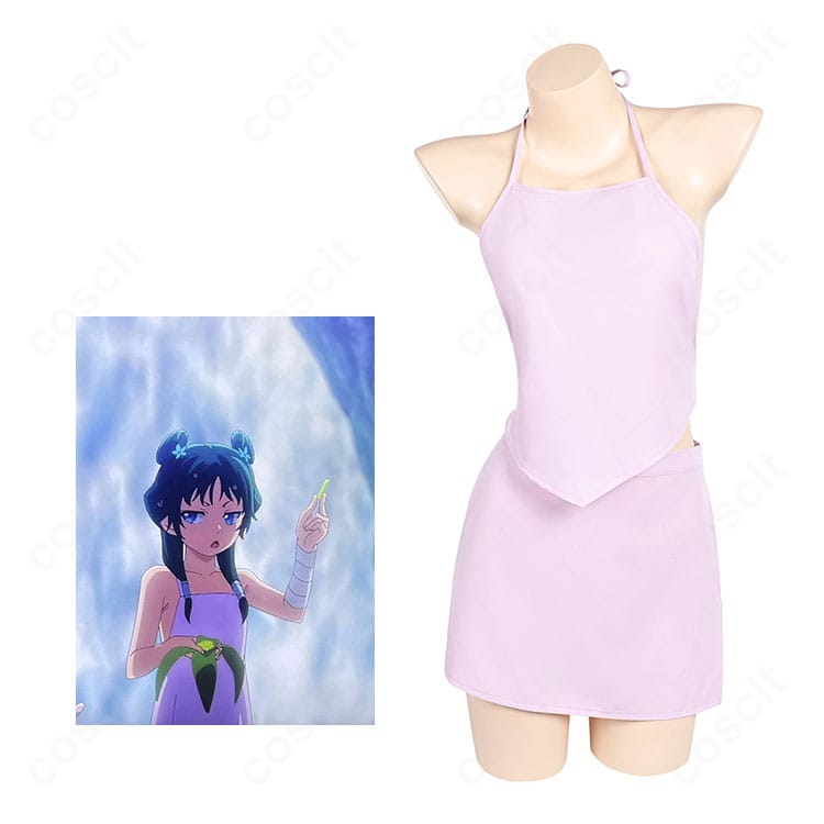 薬屋のひとりごと 猫猫（マオマオ）コスプレ衣装の正面と参考キャラクター画像を並べたカット。再現度と細部の作り込みを強調。