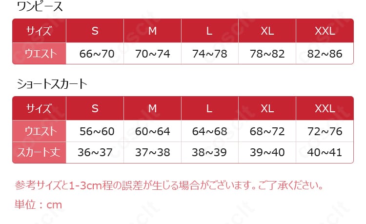 イリヤスフィール・フォン・アインツベルン衣装のサイズガイド。S〜XXLの各寸法目安と採寸部位を示した図。