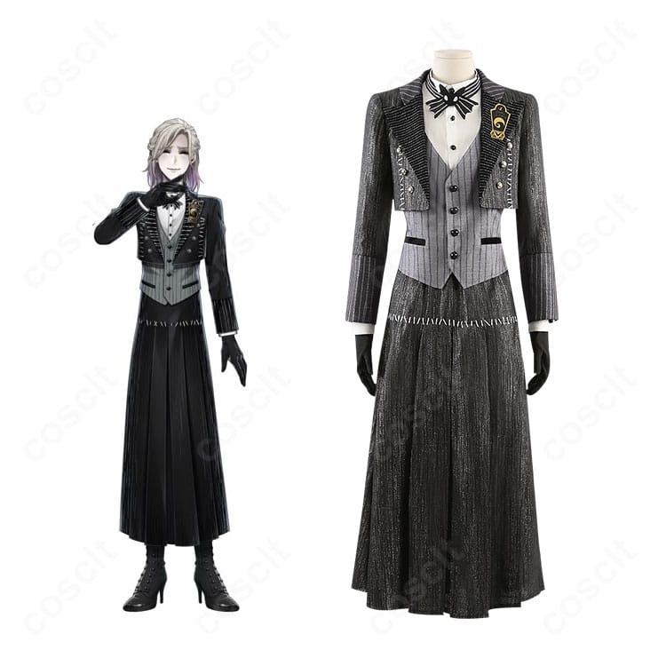 商品正面とキャラクターイメージを組み合わせた、ツイステッドワンダーランド ヴィル・シェーンハイト ハロウィーン2024版コスプレ衣装の全体写真。