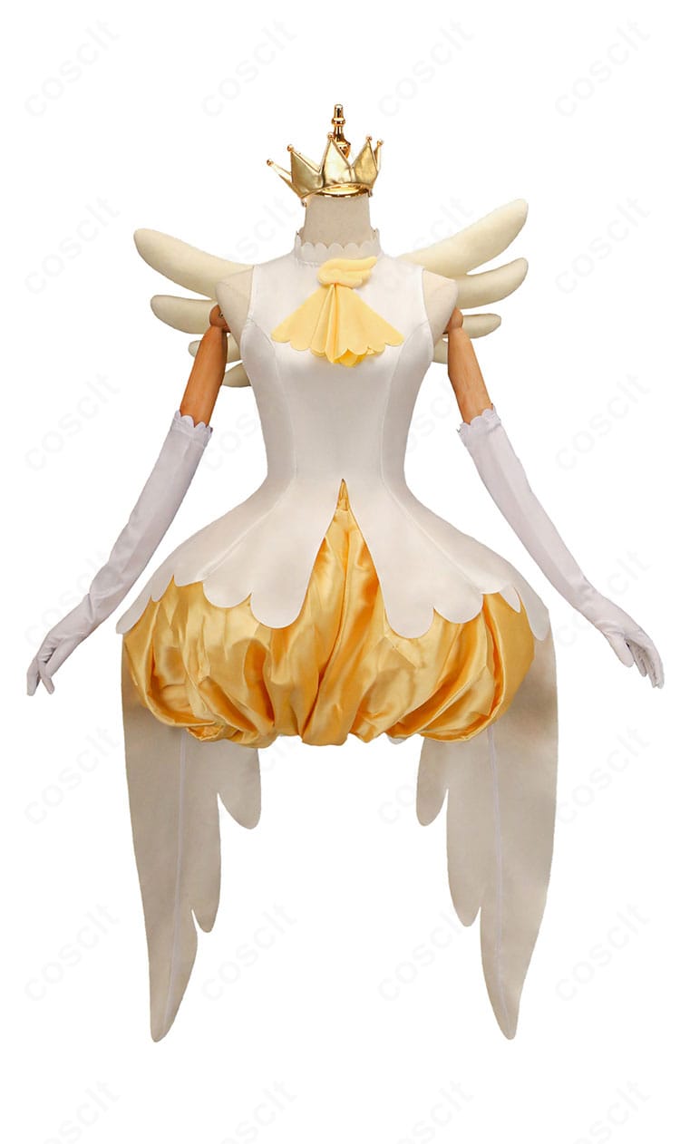 商品正面の単体カット。白×黄色の配色、トップスとショートパンツ、胸元リボンが確認できる木之本桜バトル衣装。