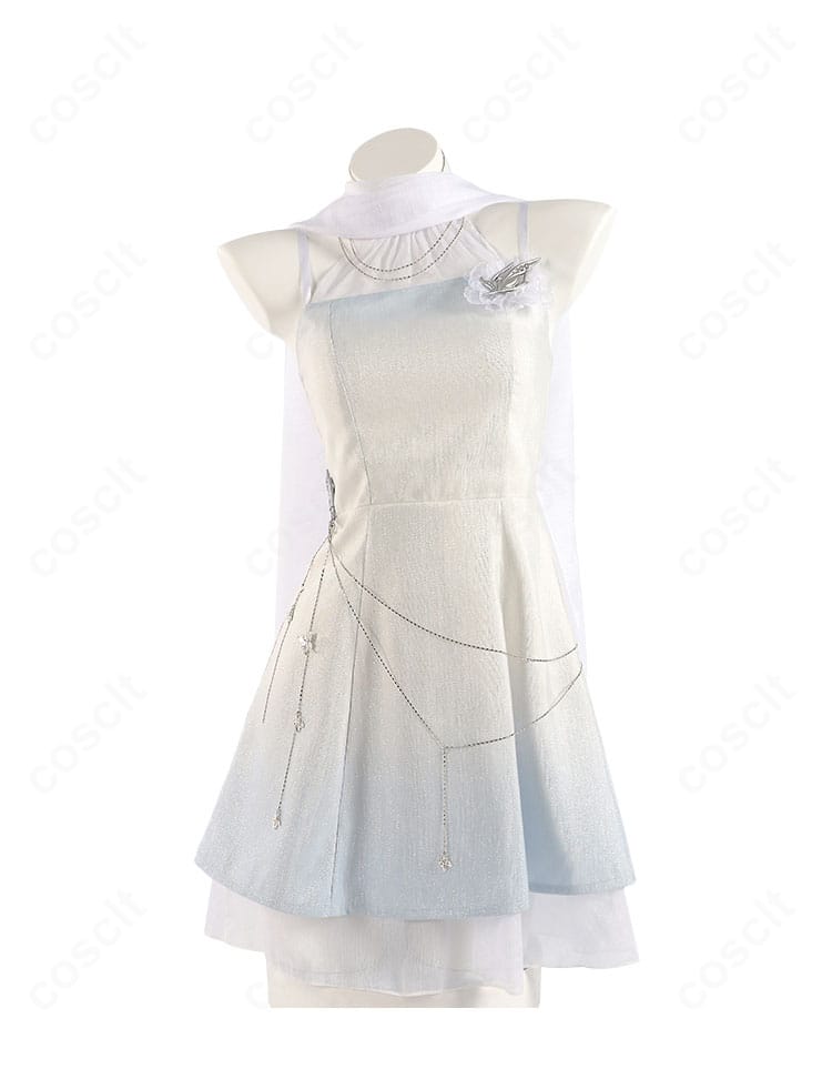 恋と深空・流れる雲 コスプレ衣装の正面全体像(ワンピース・マフラー・腰飾り・ネックレス)