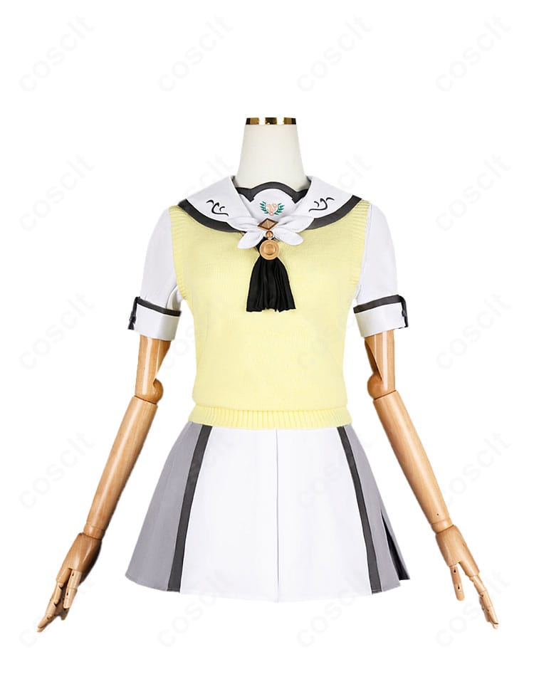 紬ヴェンダース コスプレ衣装の正面全体図。ベストとスカートのレイヤーが分かる構成。