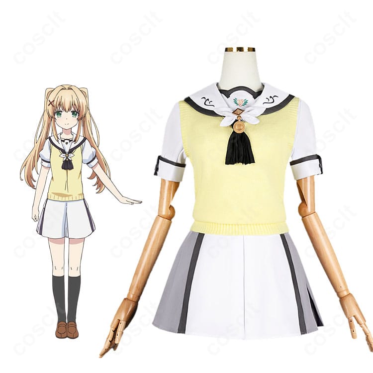 紬ヴェンダースのコスプレ衣装とキャラクターを並置した正面イメージ。Summer Pocketsの清楚な制服スタイルを高再現。