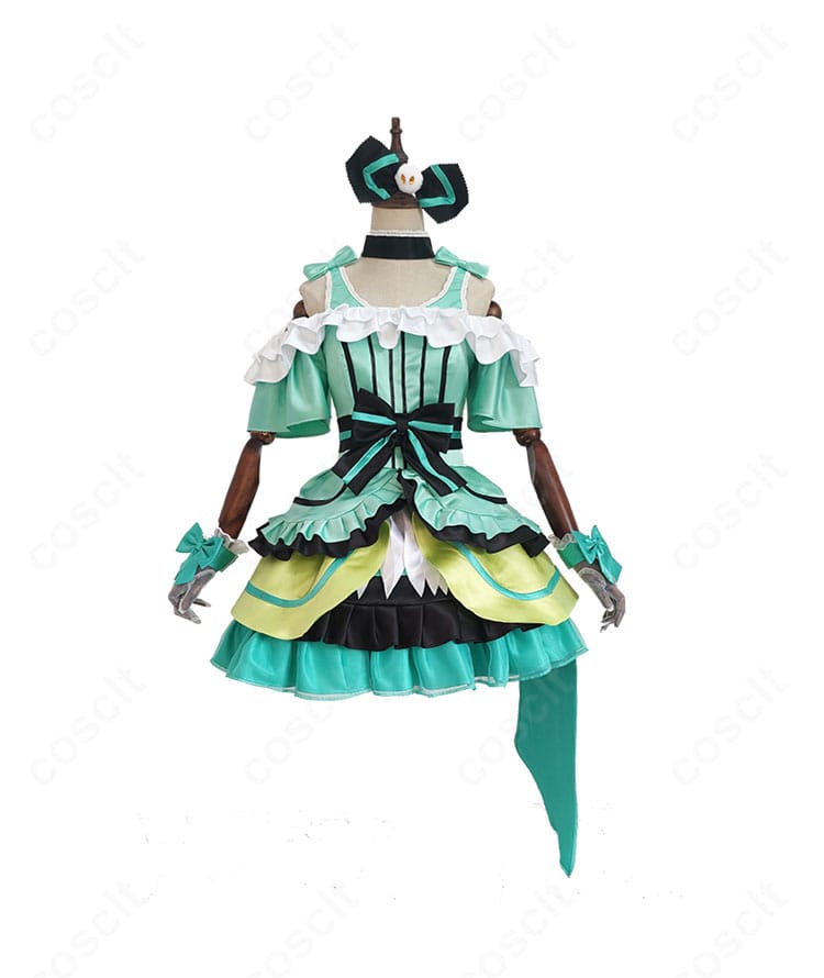 南ことり「限定さくらプリン♪」コスプレ衣装の正面アップ。淡色の配色、リボンと刺繍の仕上がり、質感までわかる詳細カット。