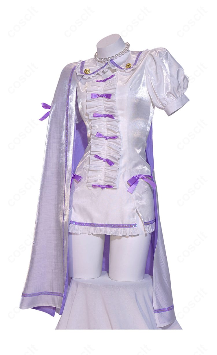 前橋ウィッチーズ 新里アズ 魔法衣装ver. コスプレ衣装の正面ディテール。襟元・身頃の切替・コルセットベルトの縫製が見えるアップ