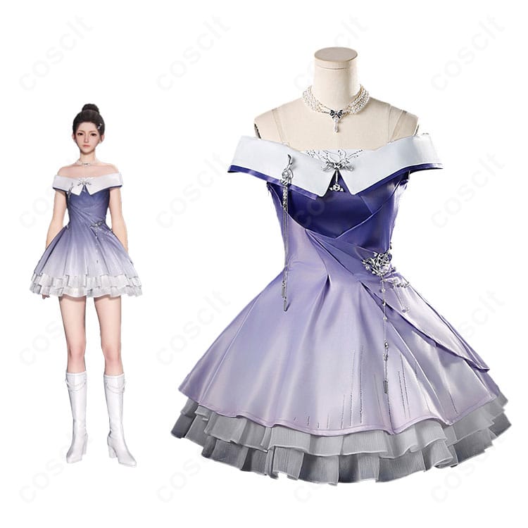 恋と深空 主人公「想い重なる時・巡る銀河」衣装の着用イメージ。上品な銀河モチーフ装飾と立体的シルエットが分かる全身カット。