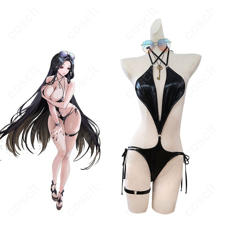 『勝利の女神：NIKKE』メイデン アンダー・ザ・サンの着用イメージ。艶感あるパテントレザーで高再現のセクシーな佇まい。