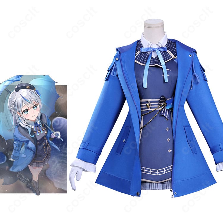 バーチャルYouTuber 雨海ルカのコスプレ衣装一式を着用した全身イメージ。制服風コートとスカート、アクセサリーが揃った再現スタイル。