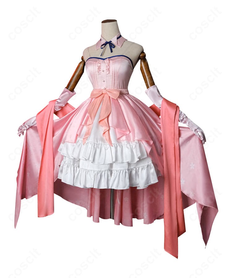 加藤恵ドレス衣装の側面図。ウエストラインの見せ方とスカートの広がり、ストールの落ち感など立体的なラインを確認可能。