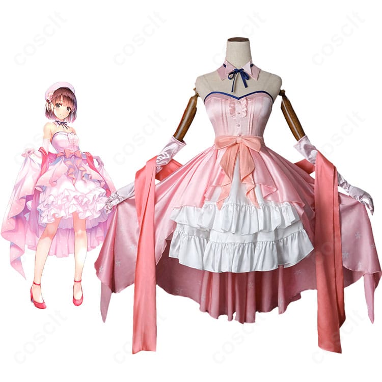 加藤恵のドレス衣装を着用した全身イメージ。上品なストールと腰リボンが映える高再現コーデでイベント・撮影に適した雰囲気を表現。