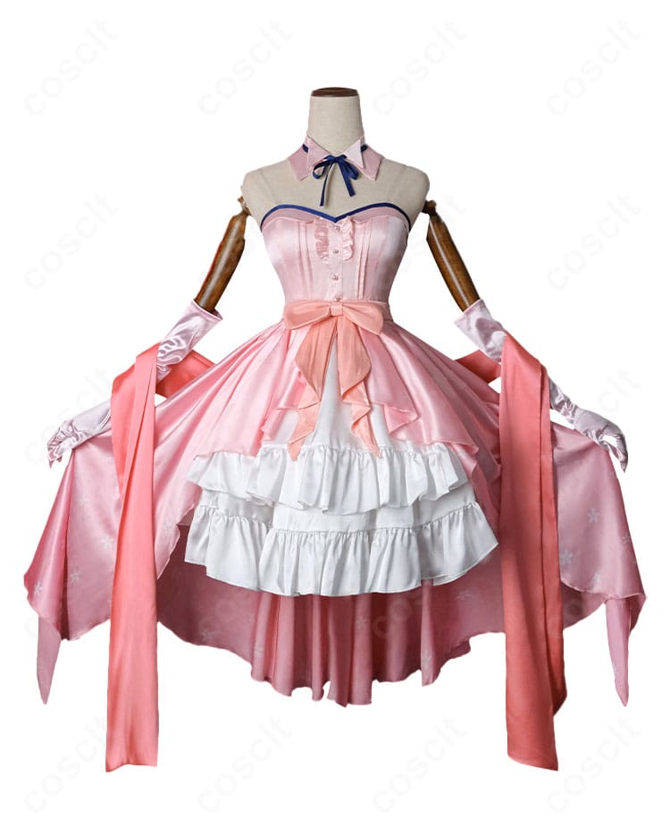 加藤恵ドレス衣装の正面全体図。つけ襟のリボン、シルエットバランス、配色を確認できるスタンダードカット。